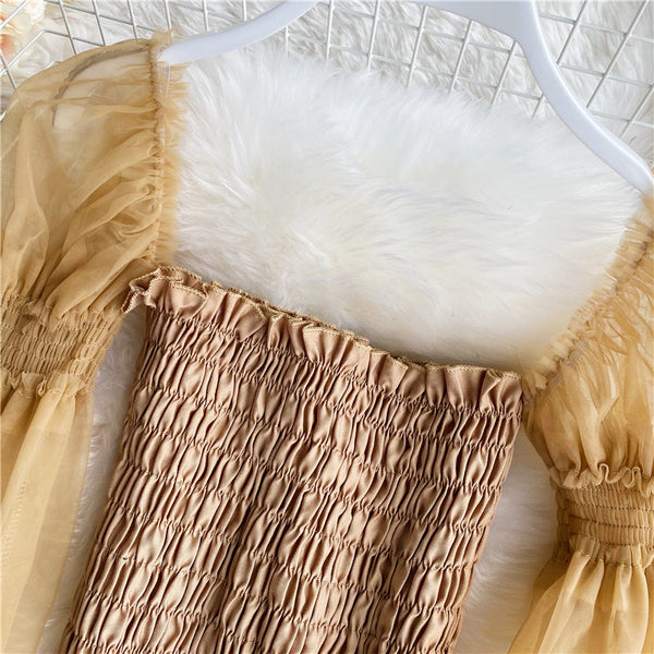 Ladieswear Solid Mesh Puff Sleeve Square Collar Neck Off Shoulder Smocked Short Lantern Sleeve Crop Top