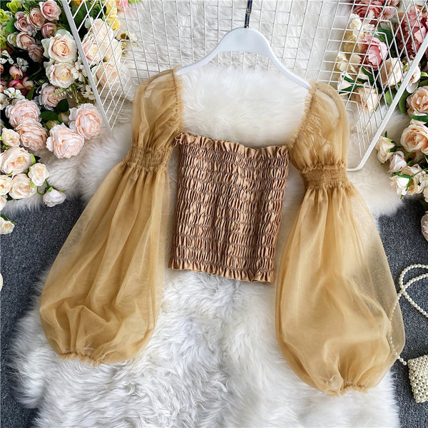 Ladieswear Solid Mesh Puff Sleeve Square Collar Neck Off Shoulder Smocked Short Lantern Sleeve Crop Top