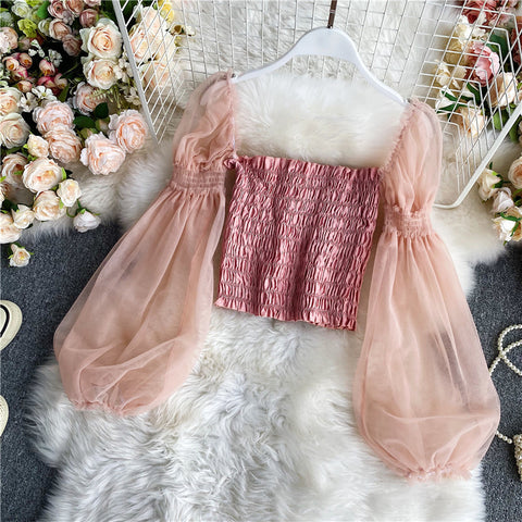 Ladieswear Solid Mesh Puff Sleeve Square Collar Neck Off Shoulder Smocked Short Lantern Sleeve Crop Top