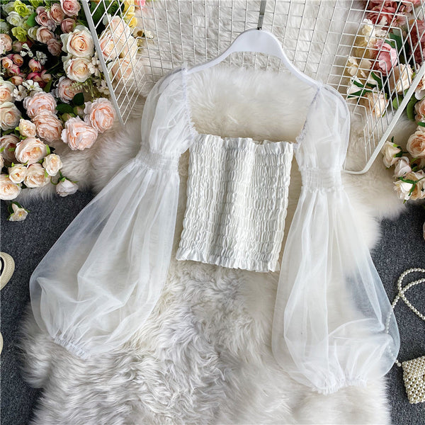 Ladieswear Solid Mesh Puff Sleeve Square Collar Neck Off Shoulder Smocked Short Lantern Sleeve Crop Top