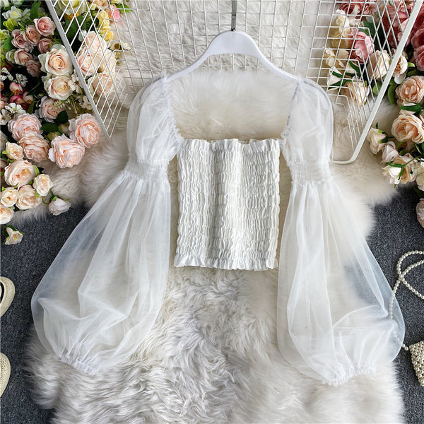 Ladieswear Solid Mesh Puff Sleeve Square Collar Neck Off Shoulder Smocked Short Lantern Sleeve Crop Top