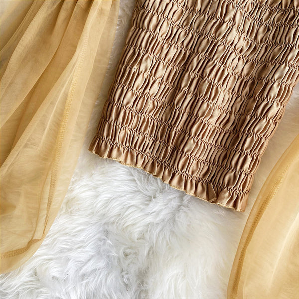 Ladieswear Solid Mesh Puff Sleeve Square Collar Neck Off Shoulder Smocked Short Lantern Sleeve Crop Top