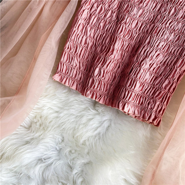 Ladieswear Solid Mesh Puff Sleeve Square Collar Neck Off Shoulder Smocked Short Lantern Sleeve Crop Top