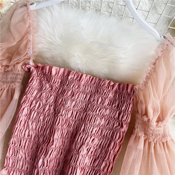 Ladieswear Solid Mesh Puff Sleeve Square Collar Neck Off Shoulder Smocked Short Lantern Sleeve Crop Top