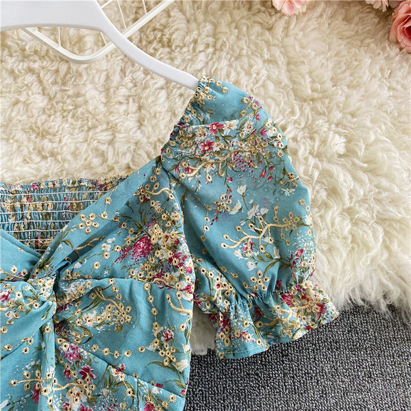 Retro Floral Chiffon V-neck Fit Front Twist Knot Puff Short Sleeves Ruffle Hem Crop Tank Top Blouses
