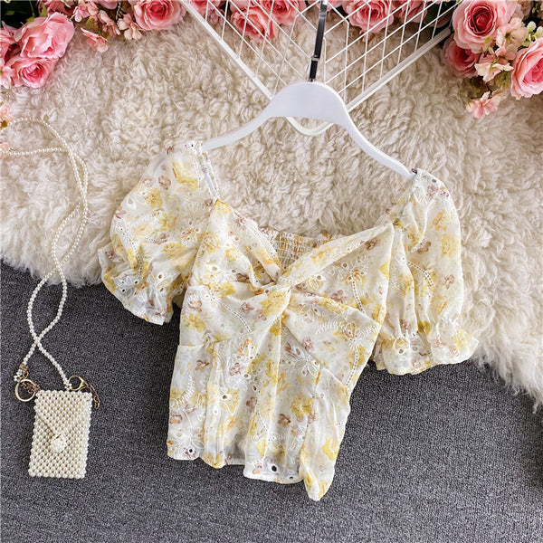 Retro Floral Chiffon V-neck Fit Front Twist Knot Puff Short Sleeves Ruffle Hem Crop Tank Top Blouses