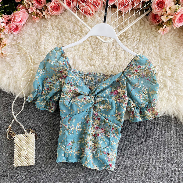 Retro Floral Chiffon V-neck Fit Front Twist Knot Puff Short Sleeves Ruffle Hem Crop Tank Top Blouses