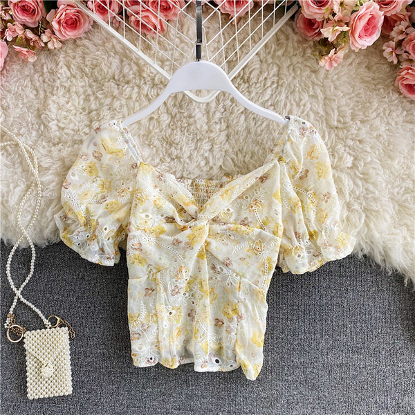 Retro Floral Chiffon V-neck Fit Front Twist Knot Puff Short Sleeves Ruffle Hem Crop Tank Top Blouses