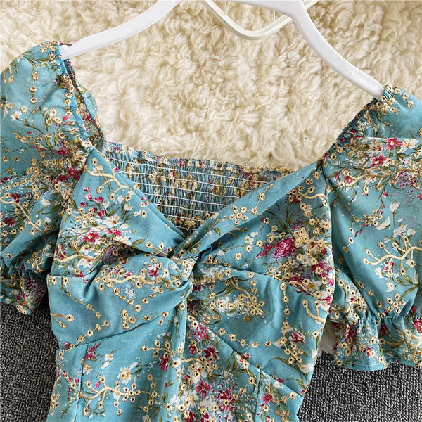 Retro Floral Chiffon V-neck Fit Front Twist Knot Puff Short Sleeves Ruffle Hem Crop Tank Top Blouses