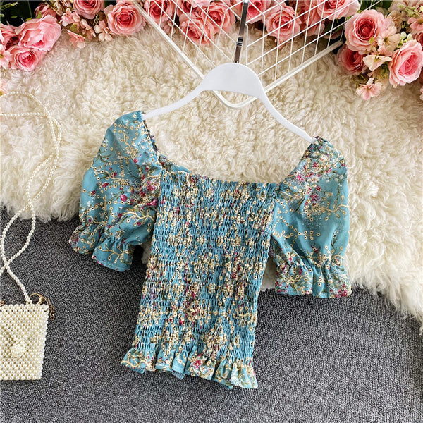 Retro Floral Chiffon V-neck Fit Front Twist Knot Puff Short Sleeves Ruffle Hem Crop Tank Top Blouses