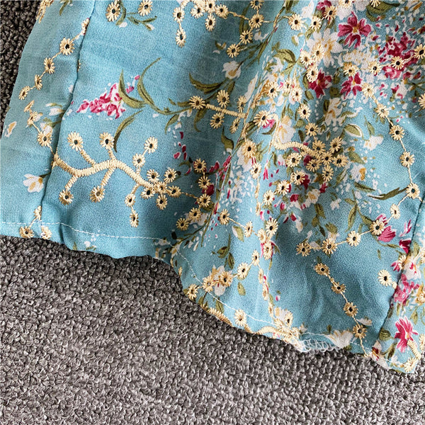 Retro Floral Chiffon V-neck Fit Front Twist Knot Puff Short Sleeves Ruffle Hem Crop Tank Top Blouses