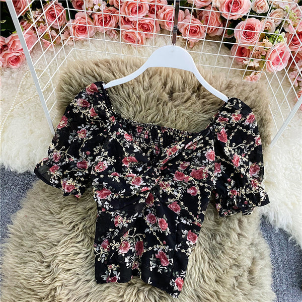 Casual Sexy Floral Chiffon V-neck Fit Front Twist Knot Puff Short Sleeves Ruffle Hem Cropped Stylish Tank Top Blouses