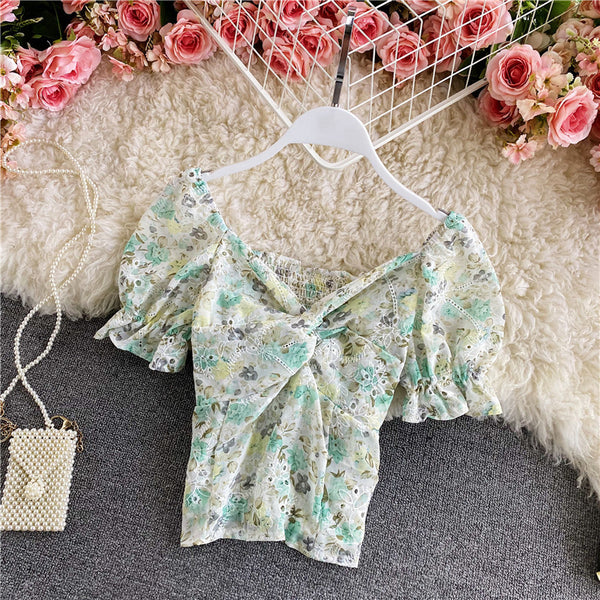 Casual Sexy Floral Chiffon V-neck Fit Front Twist Knot Puff Short Sleeves Ruffle Hem Cropped Stylish Tank Top Blouses