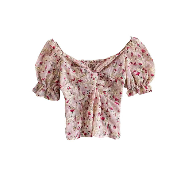 Casual Sexy Floral Chiffon V-neck Fit Front Twist Knot Puff Short Sleeves Ruffle Hem Cropped Stylish Tank Top Blouses