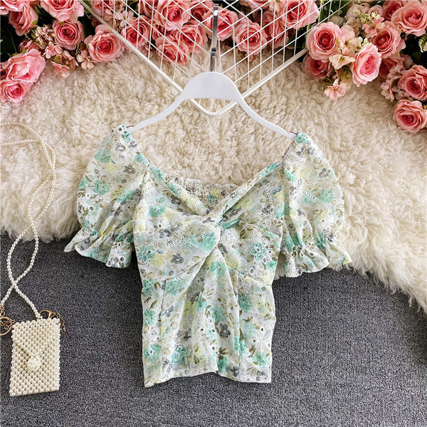Casual Sexy Floral Chiffon V-neck Fit Front Twist Knot Puff Short Sleeves Ruffle Hem Cropped Stylish Tank Top Blouses