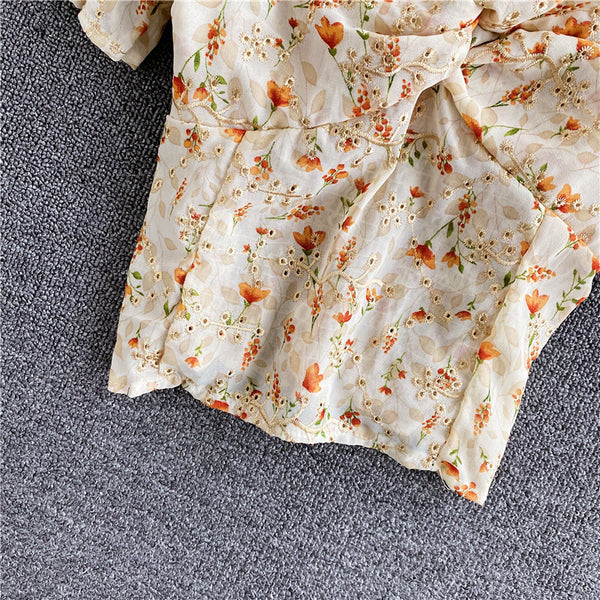 Casual Sexy Floral Chiffon V-neck Fit Front Twist Knot Puff Short Sleeves Ruffle Hem Cropped Stylish Tank Top Blouses