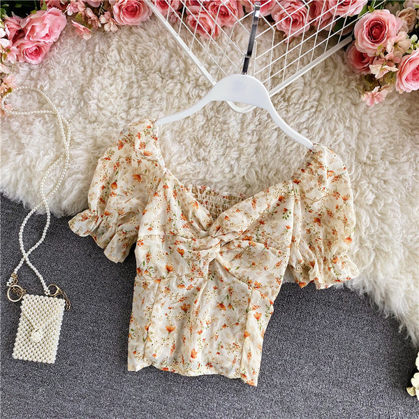 Casual Sexy Floral Chiffon V-neck Fit Front Twist Knot Puff Short Sleeves Ruffle Hem Cropped Stylish Tank Top Blouses