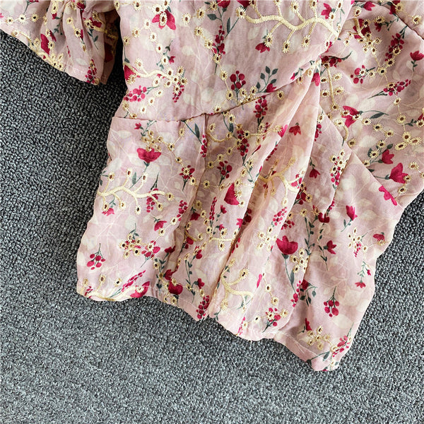 Casual Sexy Floral Chiffon V-neck Fit Front Twist Knot Puff Short Sleeves Ruffle Hem Cropped Stylish Tank Top Blouses