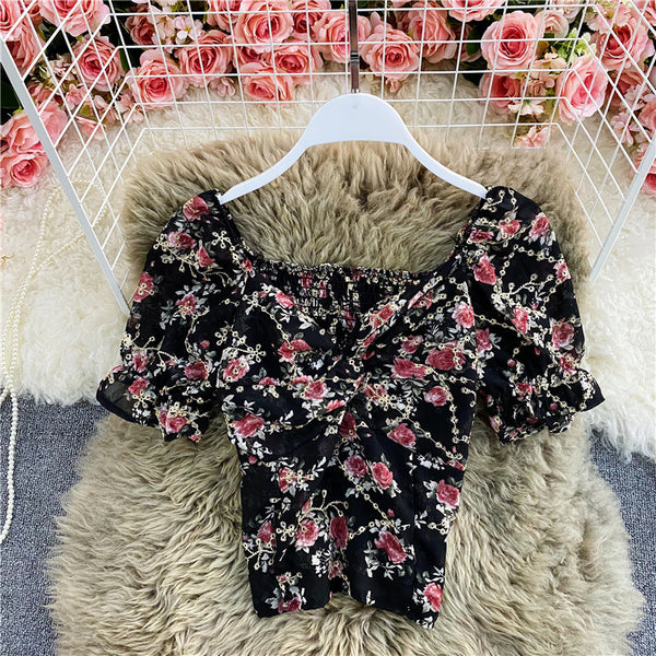 Casual Sexy Floral Chiffon V-neck Fit Front Twist Knot Puff Short Sleeves Ruffle Hem Cropped Stylish Tank Top Blouses