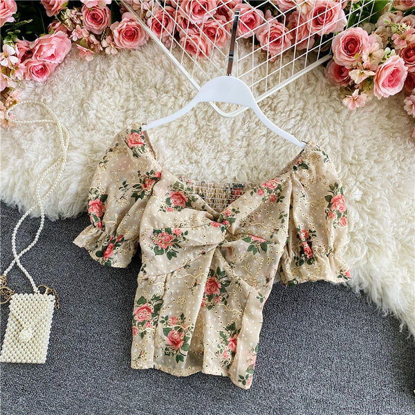 Retro Sexy Vintage Floral Chiffon V-neck Front Twist Knot Puff Short Sleeves Ruffle Hem Crop Tank Top Blouses