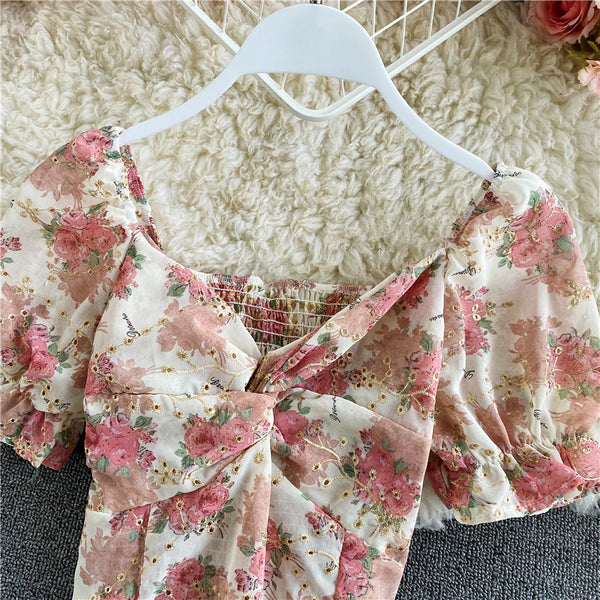 Retro Sexy Vintage Floral Chiffon V-neck Front Twist Knot Puff Short Sleeves Ruffle Hem Crop Tank Top Blouses