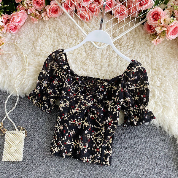 Retro Sexy Vintage Floral Chiffon V-neck Front Twist Knot Puff Short Sleeves Ruffle Hem Crop Tank Top Blouses