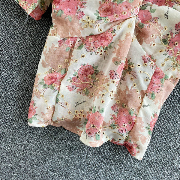 Retro Sexy Vintage Floral Chiffon V-neck Front Twist Knot Puff Short Sleeves Ruffle Hem Crop Tank Top Blouses