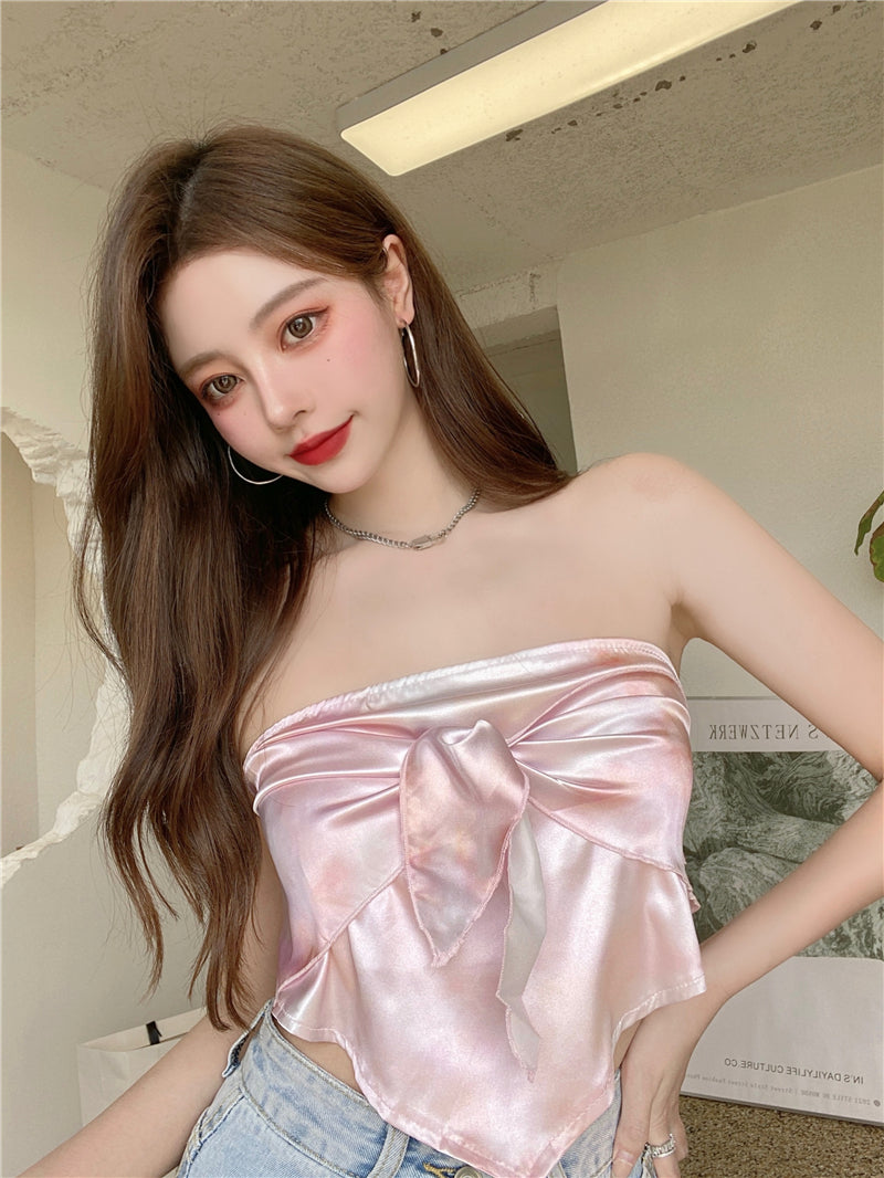 Summer Sexy Women Seamless Anti Glare Open Back Wrap Front Bow Strapless Vest Outer Wear Tube Top Blouse Tops