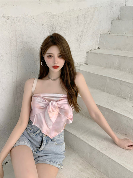 Summer Sexy Women Seamless Anti Glare Open Back Wrap Front Bow Strapless Vest Outer Wear Tube Top Blouse Tops