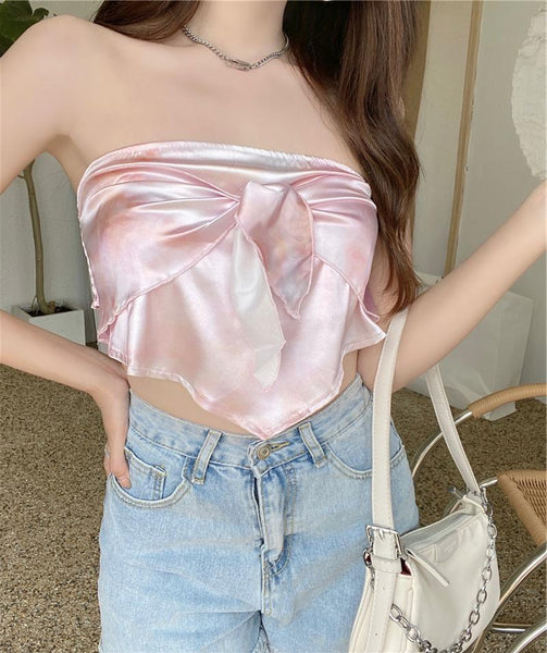 Summer Sexy Women Seamless Anti Glare Open Back Wrap Front Bow Strapless Vest Outer Wear Tube Top Blouse Tops