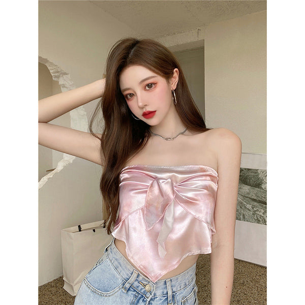 Summer Sexy Women Seamless Anti Glare Open Back Wrap Front Bow Strapless Vest Outer Wear Tube Top Blouse Tops