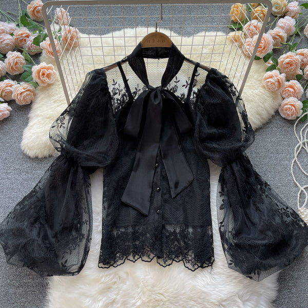 Autumn Fairy Women Bow Tie Puff Sleeve Lace Mesh Bow Camisole Embroidery Hollow Two Pieces Set Top