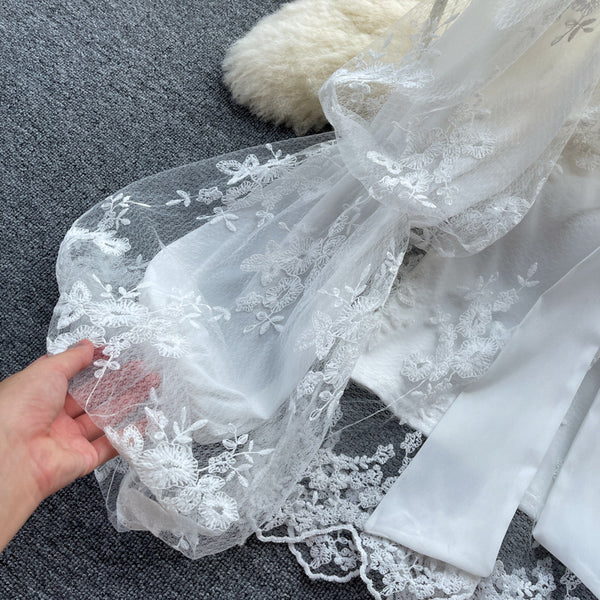 Autumn Fairy Women Bow Tie Puff Sleeve Lace Mesh Bow Camisole Embroidery Hollow Two Pieces Set Top