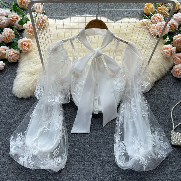 Autumn Fairy Women Bow Tie Puff Sleeve Lace Mesh Bow Camisole Embroidery Hollow Two Pieces Set Top