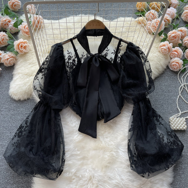 Autumn Fairy Women Bow Tie Puff Sleeve Lace Mesh Bow Camisole Embroidery Hollow Two Pieces Set Top