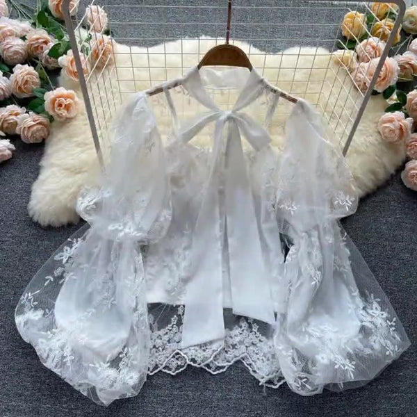 Autumn Fairy Women Bow Tie Puff Sleeve Lace Mesh Bow Camisole Embroidery Hollow Two Pieces Set Top