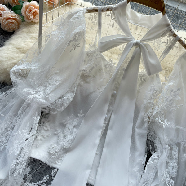 Autumn Fairy Women Bow Tie Puff Sleeve Lace Mesh Bow Camisole Embroidery Hollow Two Pieces Set Top