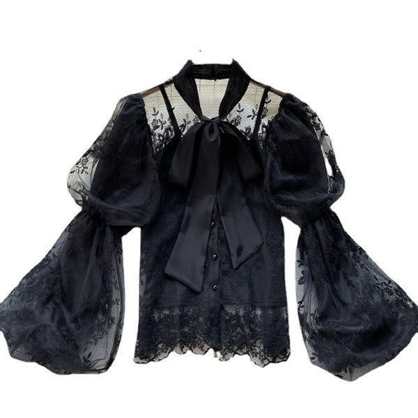 Autumn Fairy Women Bow Tie Puff Sleeve Lace Mesh Bow Camisole Embroidery Hollow Two Pieces Set Top