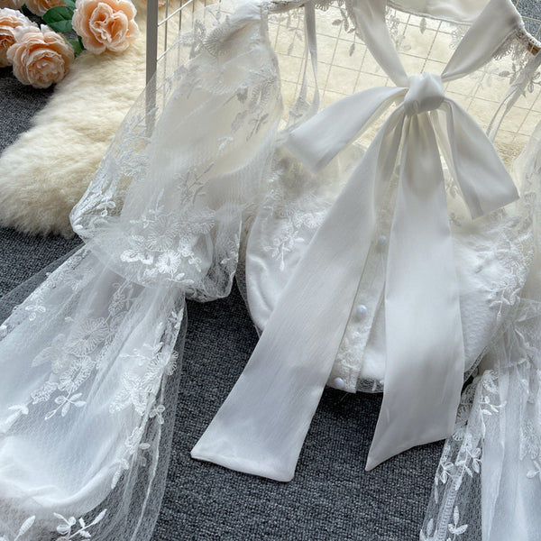 Autumn Fairy Women Bow Tie Puff Sleeve Lace Mesh Bow Camisole Embroidery Hollow Two Pieces Set Top