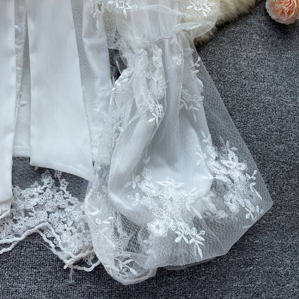 Autumn Fairy Women Bow Tie Puff Sleeve Lace Mesh Bow Camisole Embroidery Hollow Two Pieces Set Top