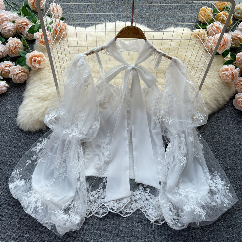 Autumn Fairy Women Bow Tie Puff Sleeve Lace Mesh Bow Camisole Embroidery Hollow Two Pieces Set Top