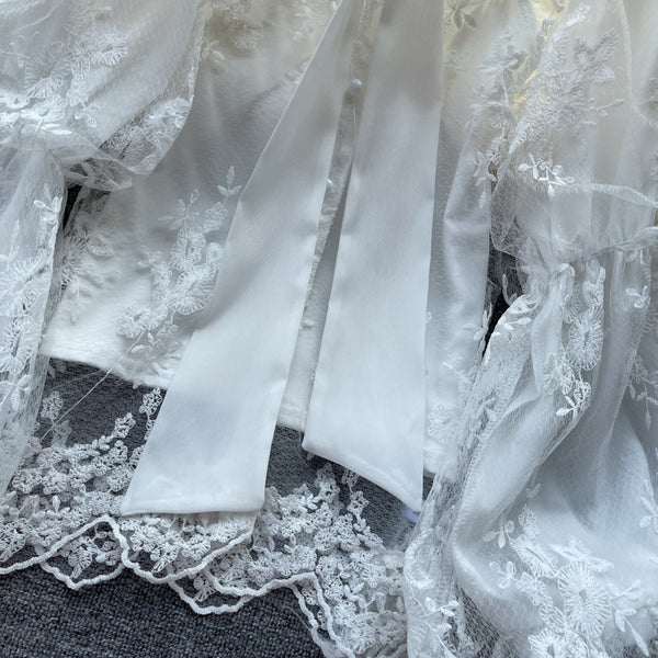 Autumn Fairy Women Bow Tie Puff Sleeve Lace Mesh Bow Camisole Embroidery Hollow Two Pieces Set Top