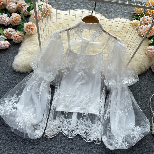 Autumn Fairy Women Bow Tie Puff Sleeve Lace Mesh Bow Camisole Embroidery Hollow Two Pieces Set Top