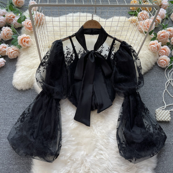 Autumn Fairy Women Bow Tie Puff Sleeve Lace Mesh Bow Camisole Embroidery Hollow Two Pieces Set Top