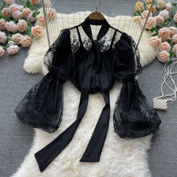 Autumn Fairy Women Bow Tie Puff Sleeve Lace Mesh Bow Camisole Embroidery Hollow Two Pieces Set Top