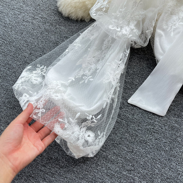 Autumn Fairy Women Bow Tie Puff Sleeve Lace Mesh Bow Camisole Embroidery Hollow Two Pieces Set Top