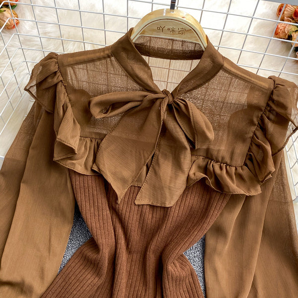 Sexy Trendy Women Lace Bow Stitching Knitted Pleated Puff Cuff Pullover Neck Bow Tie Lantern Sleeve Top