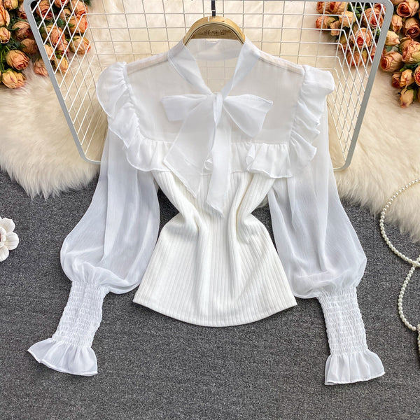 Sexy Trendy Women Lace Bow Stitching Knitted Pleated Puff Cuff Pullover Neck Bow Tie Lantern Sleeve Top
