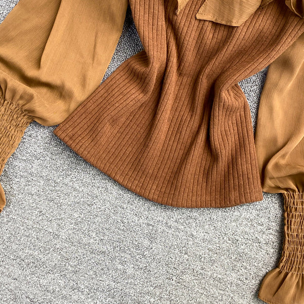 Sexy Trendy Women Lace Bow Stitching Knitted Pleated Puff Cuff Pullover Neck Bow Tie Lantern Sleeve Top