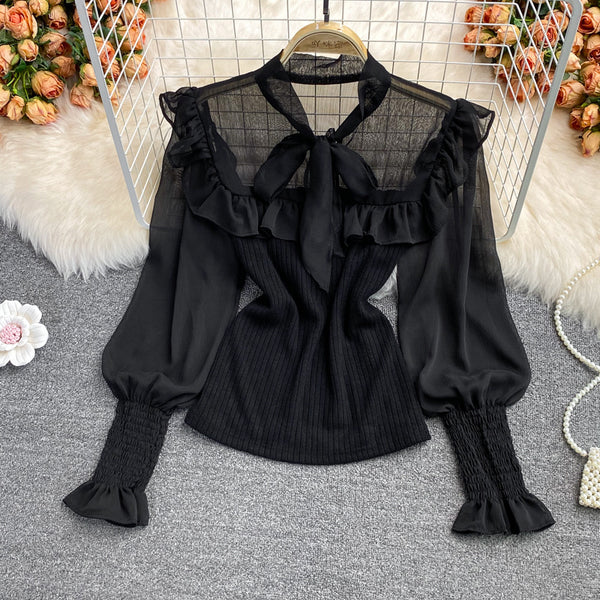 Sexy Trendy Women Lace Bow Stitching Knitted Pleated Puff Cuff Pullover Neck Bow Tie Lantern Sleeve Top